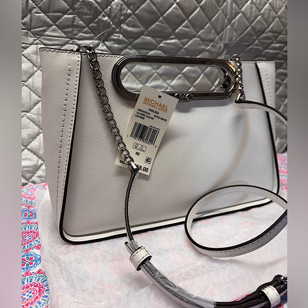 NWT Michael Kors Convertible Clutch Bag in Optic White & chain link strap - Picture 2 of 12